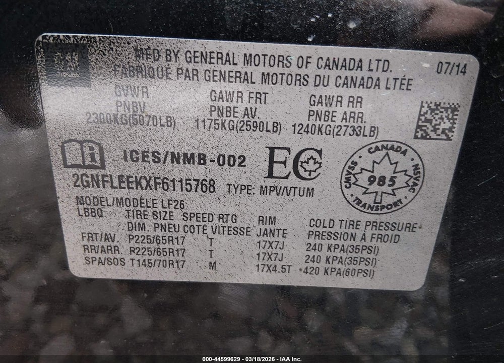 2015 CHEVROLET EQUINOX LS VIN: 2GNFLEEKXF6115768