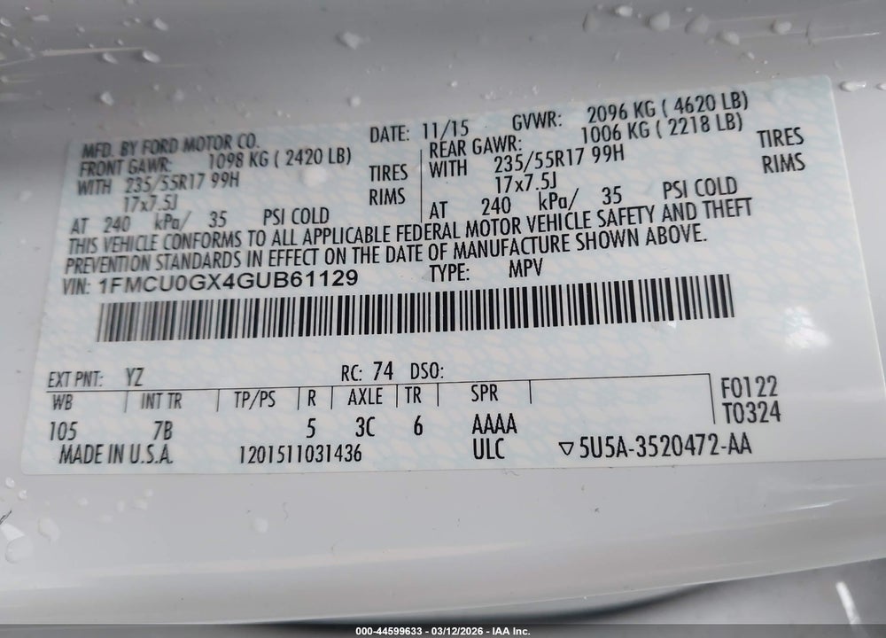 2016 FORD ESCAPE SE VIN: 1FMCU0GX4GUB61129