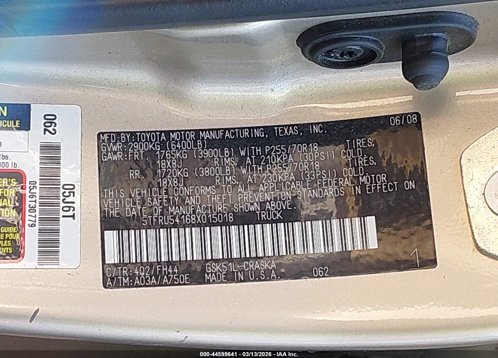 2008 TOYOTA TUNDRA BASE V6 VIN: 5TFRU54168X015018