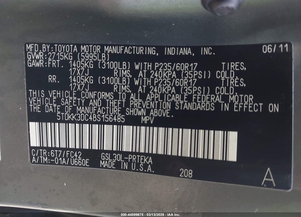 2011 TOYOTA SIENNA LE V6 VIN: 5TDKK3DC4BS156485