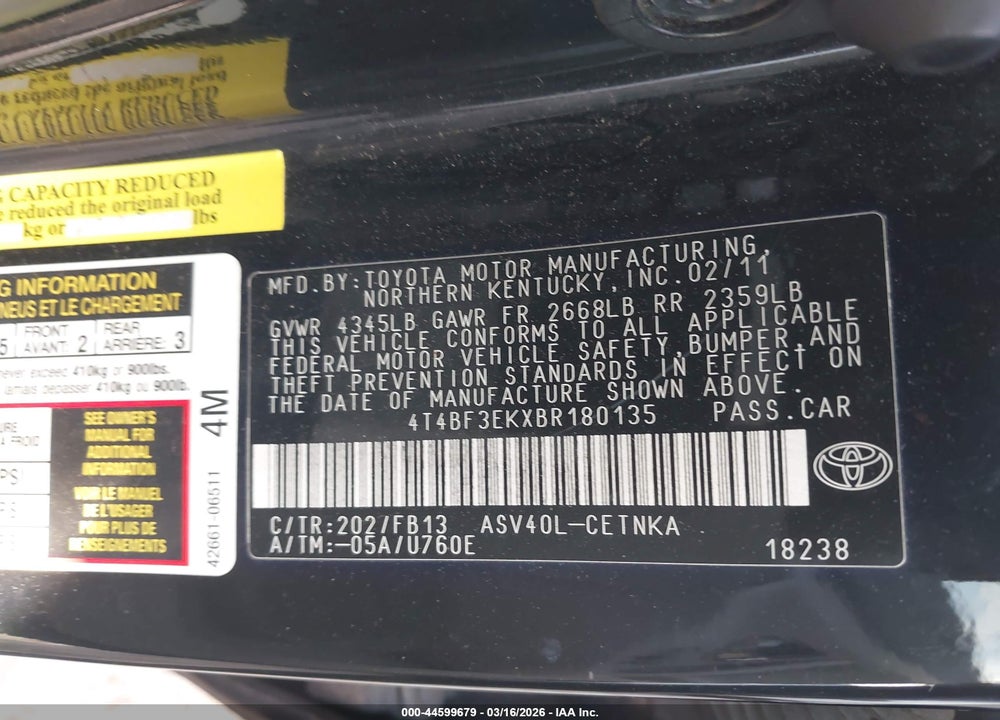 2011 TOYOTA CAMRY LE VIN: 4T4BF3EKXBR180135