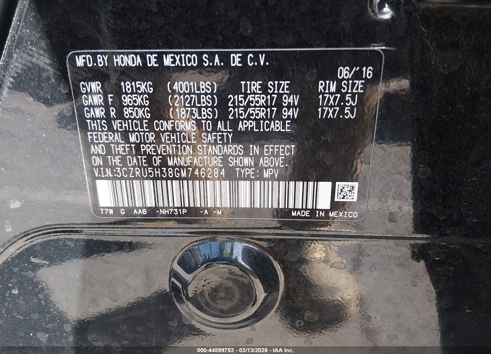 2016 HONDA HR-V LX VIN: 3CZRU5H38GM746284