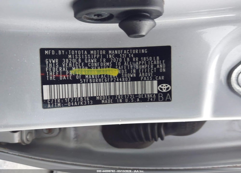 2015 TOYOTA COROLLA LE/LE PLUS/LE PREMIUM VIN: 5YFBURHE6FP244803