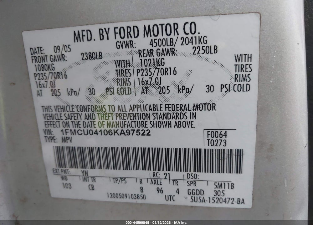 2006 FORD ESCAPE LIMITED VIN: 1FMCU04106KA97522