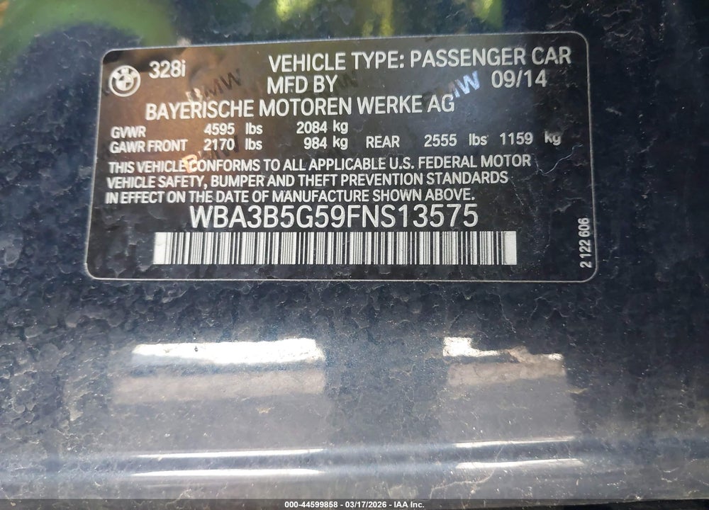 2015 BMW 328I XDRIVE VIN: WBA3B5G59FNS13575