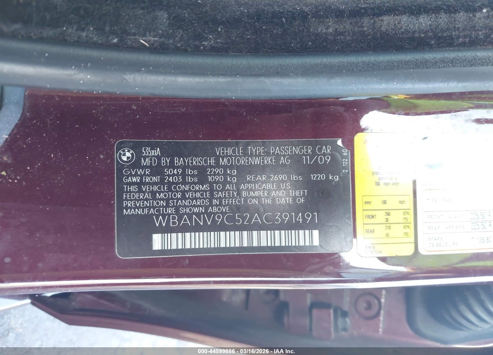 2010 BMW 535I XDRIVE VIN: WBANV9C52AC391491