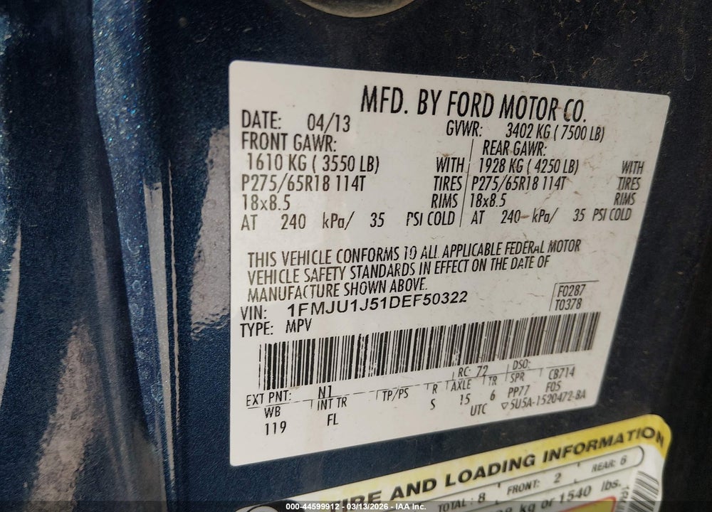 2013 FORD EXPEDITION XLT VIN: 1FMJU1J51DEF50322