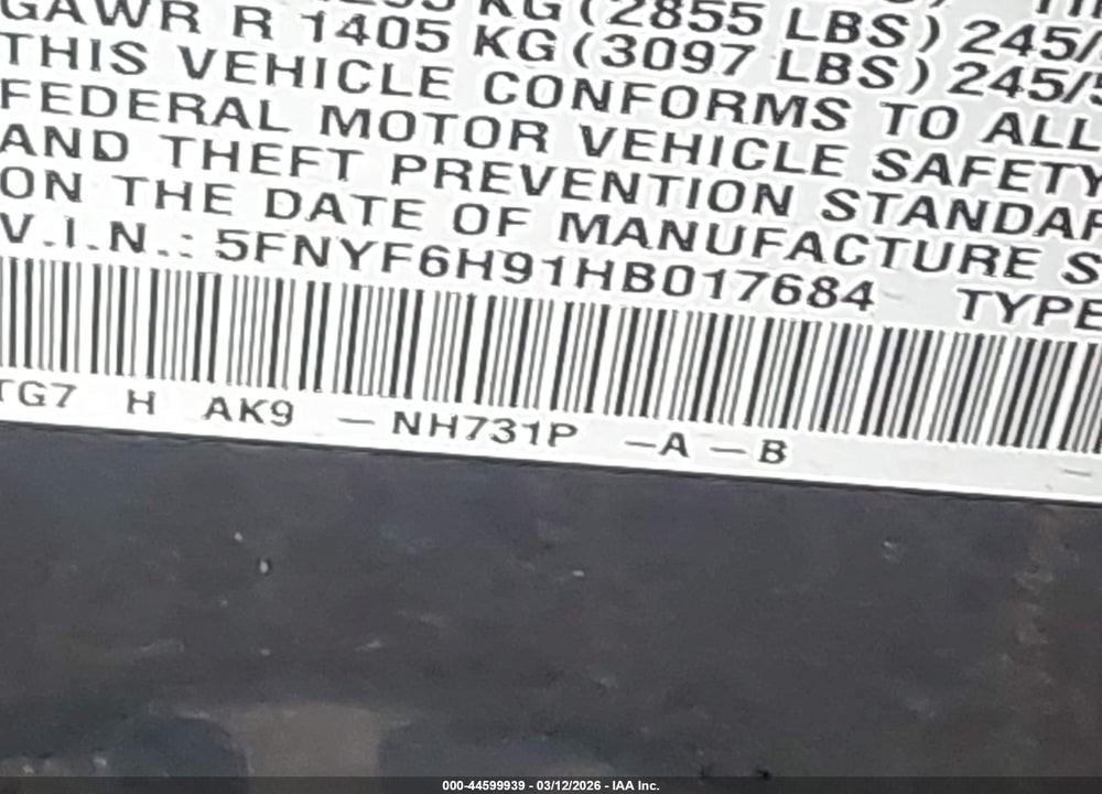 2017 HONDA PILOT TOURING VIN: 5FNYF6H91HB017684