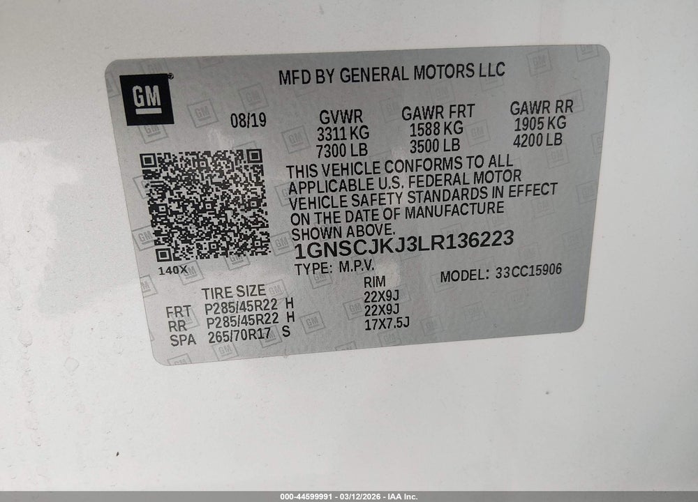 2020 CHEVROLET SUBURBAN 2WD PREMIER VIN: 1GNSCJKJ3LR136223
