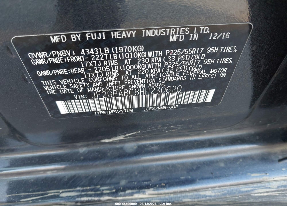 2017 SUBARU CROSSTREK 2.0I PREMIUM VIN: JF2GPABC8HH230620