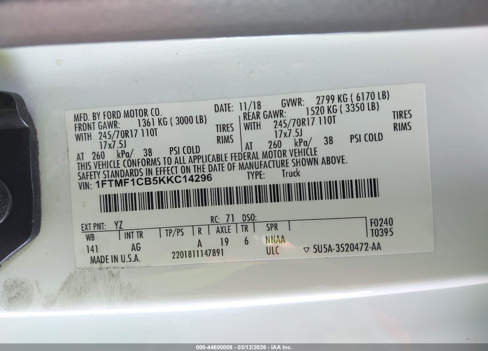 2019 FORD F-150 XL VIN: 1FTMF1CB5KKC14296