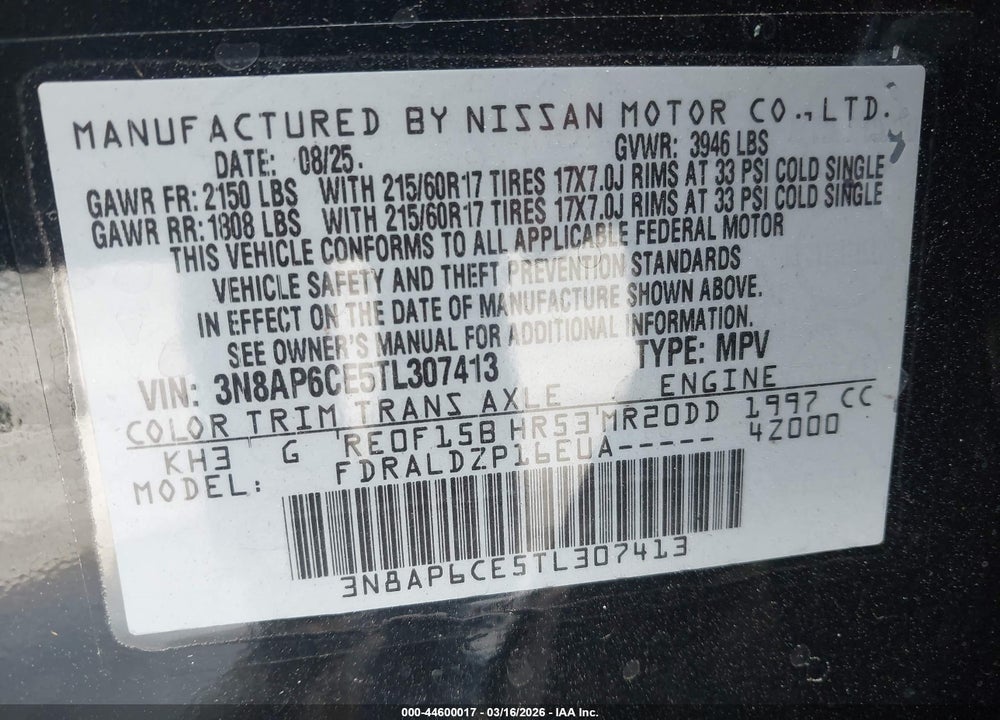 2026 NISSAN KICKS SV VIN: 3N8AP6CE5TL307413