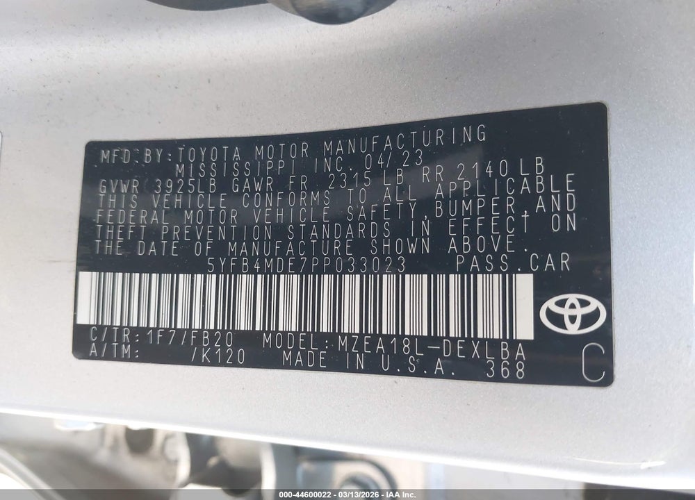 2023 TOYOTA COROLLA LE VIN: 5YFB4MDE7PP033023
