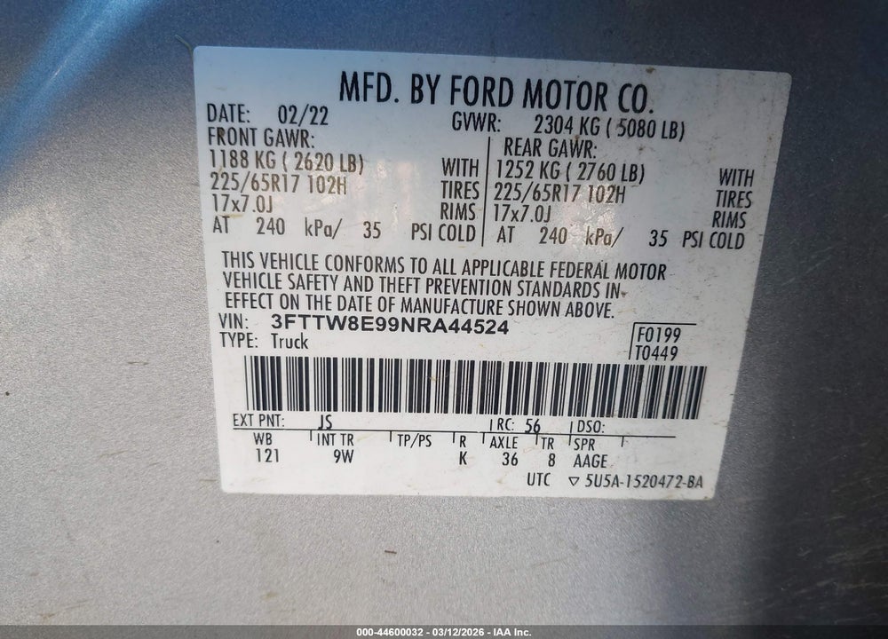 2022 FORD MAVERICK XL VIN: 3FTTW8E99NRA44524
