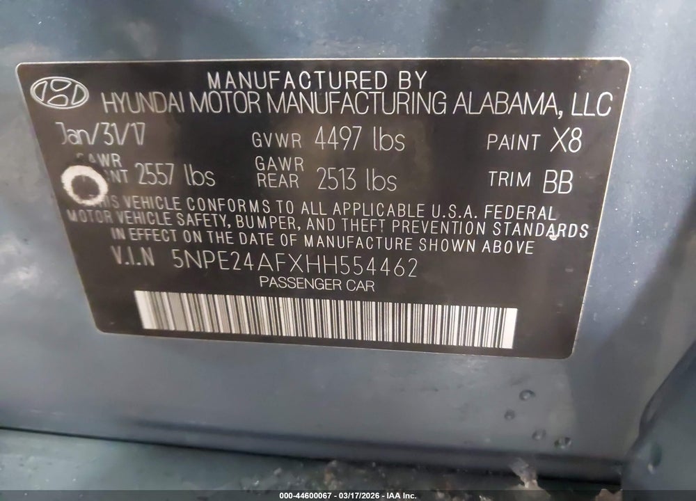 2017 HYUNDAI SONATA SE VIN: 5NPE24AFXHH554462
