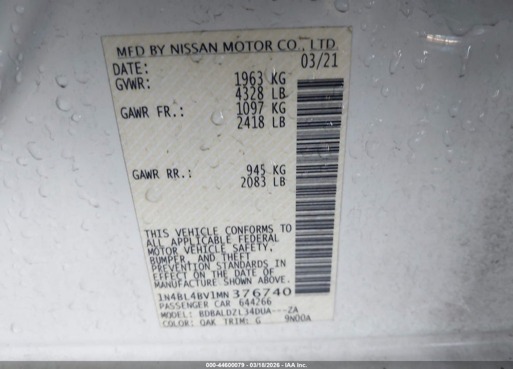 2021 NISSAN ALTIMA S FWD VIN: 1N4BL4BV1MN376740
