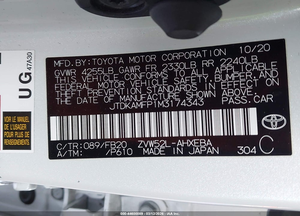 2021 TOYOTA PRIUS PRIME LE VIN: JTDKAMFP1M3174343