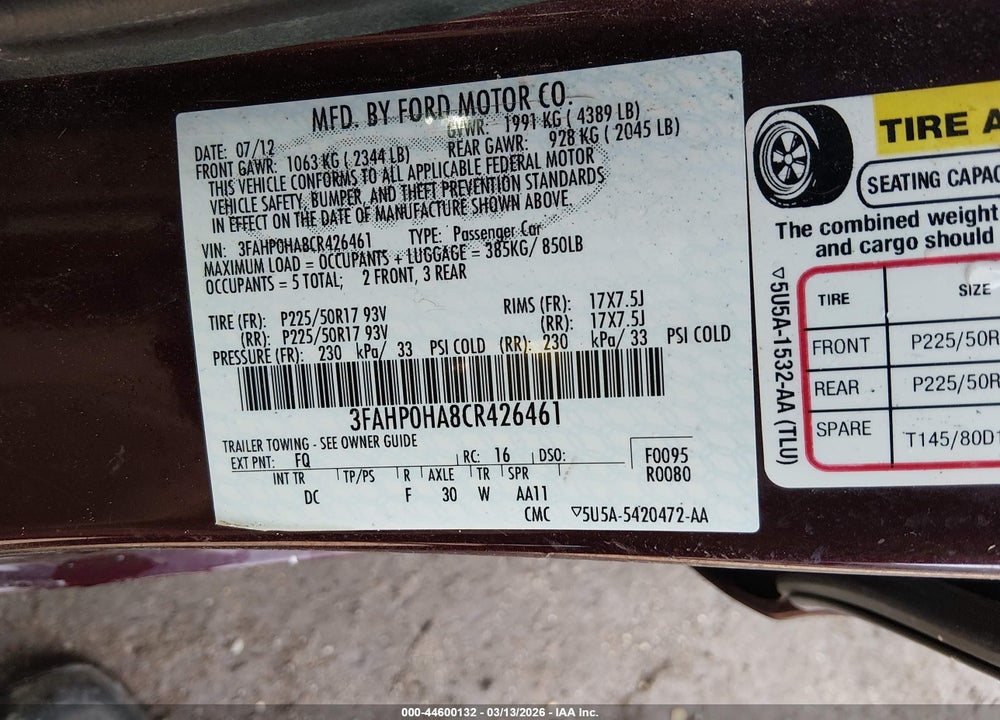 2012 FORD FUSION SE VIN: 3FAHP0HA8CR426461