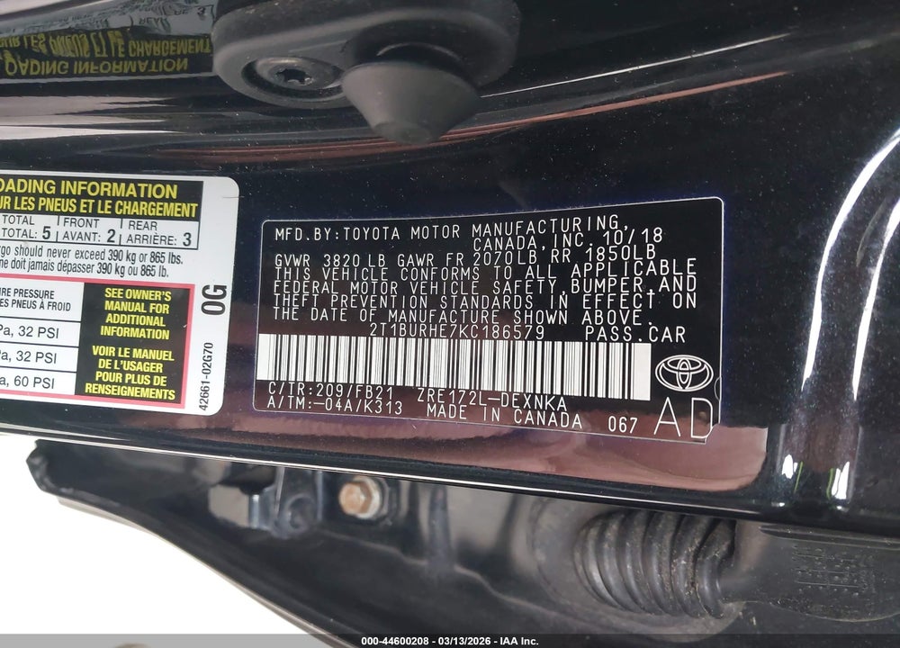 2019 TOYOTA COROLLA LE VIN: 2T1BURHE7KC186579