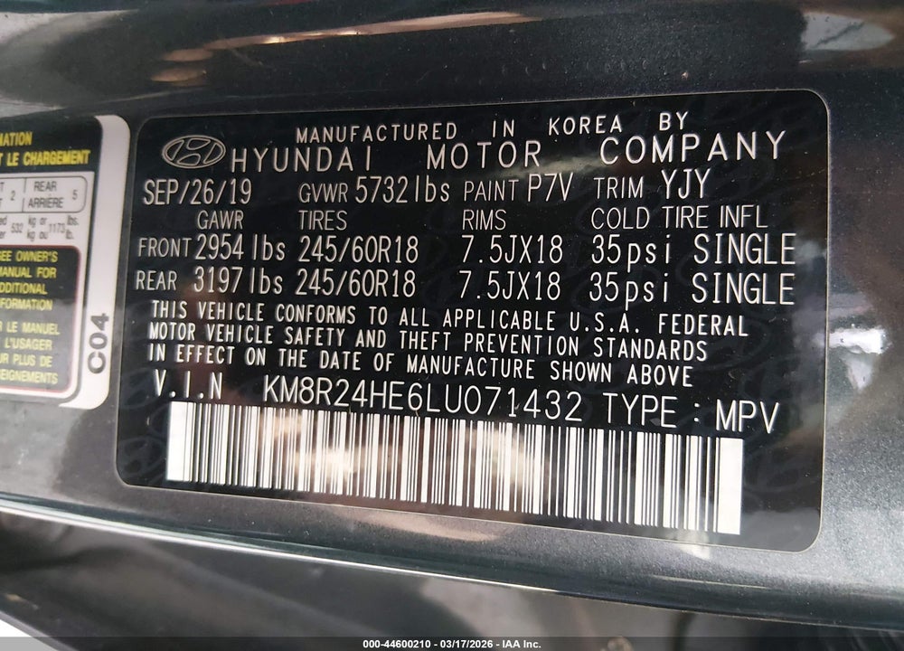 2020 HYUNDAI PALISADE SEL VIN: KM8R24HE6LU071432