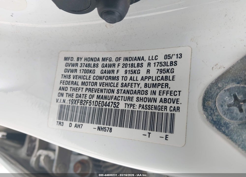 2013 HONDA CIVIC LX VIN: 19XFB2F51DE044752