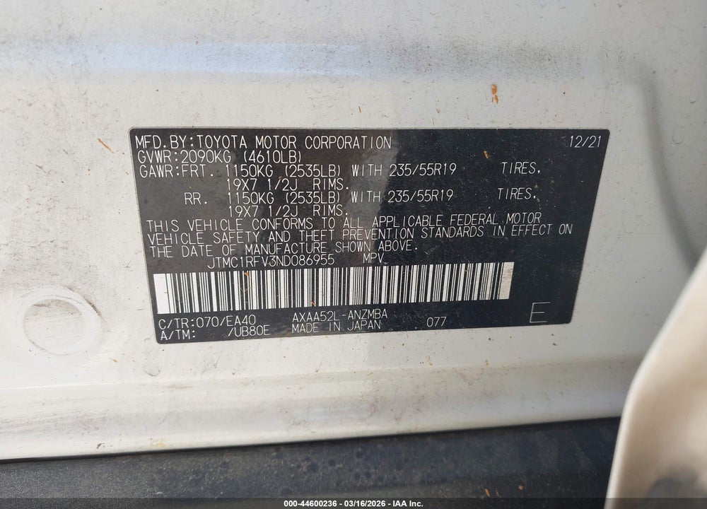 2022 TOYOTA RAV4 XLE PREMIUM VIN: JTMC1RFV3ND086955