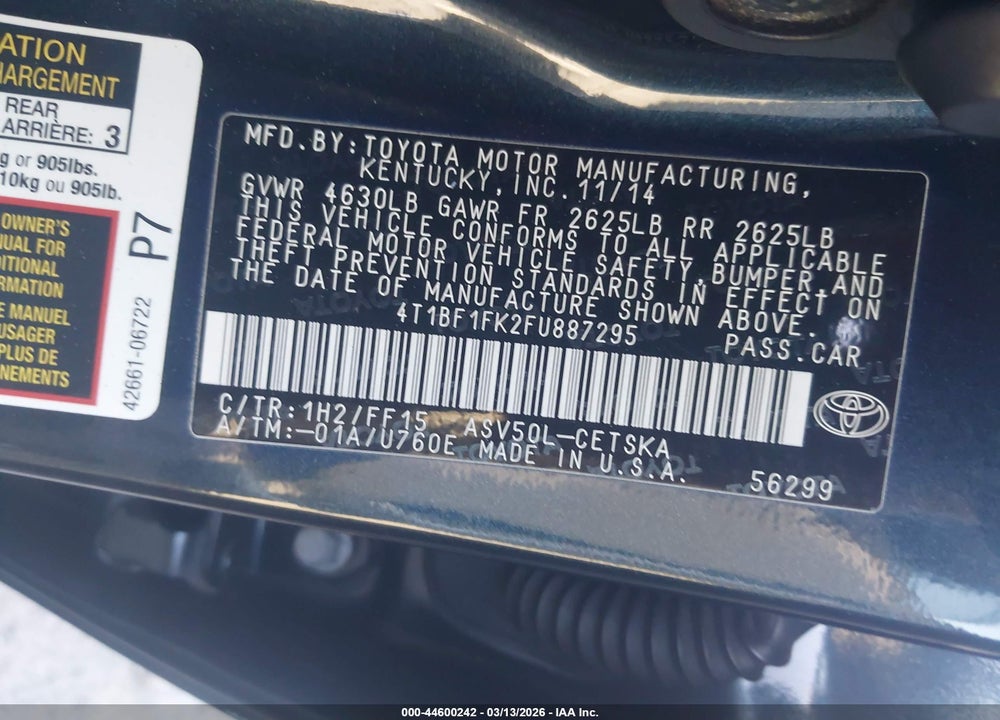 2015 TOYOTA CAMRY SE VIN: 4T1BF1FK2FU887295