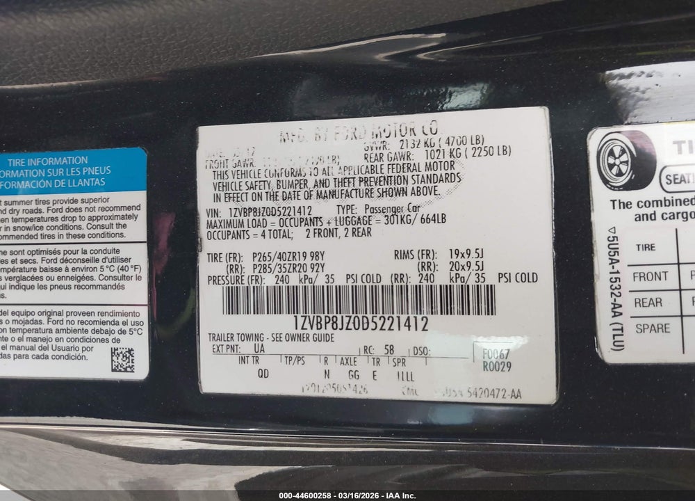 2013 FORD SHELBY GT500 VIN: 1ZVBP8JZ0D5221412