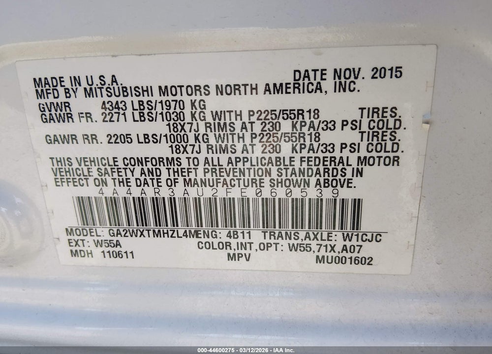 2015 MITSUBISHI OUTLANDER SPORT ES VIN: 4A4AR3AU2FE060539