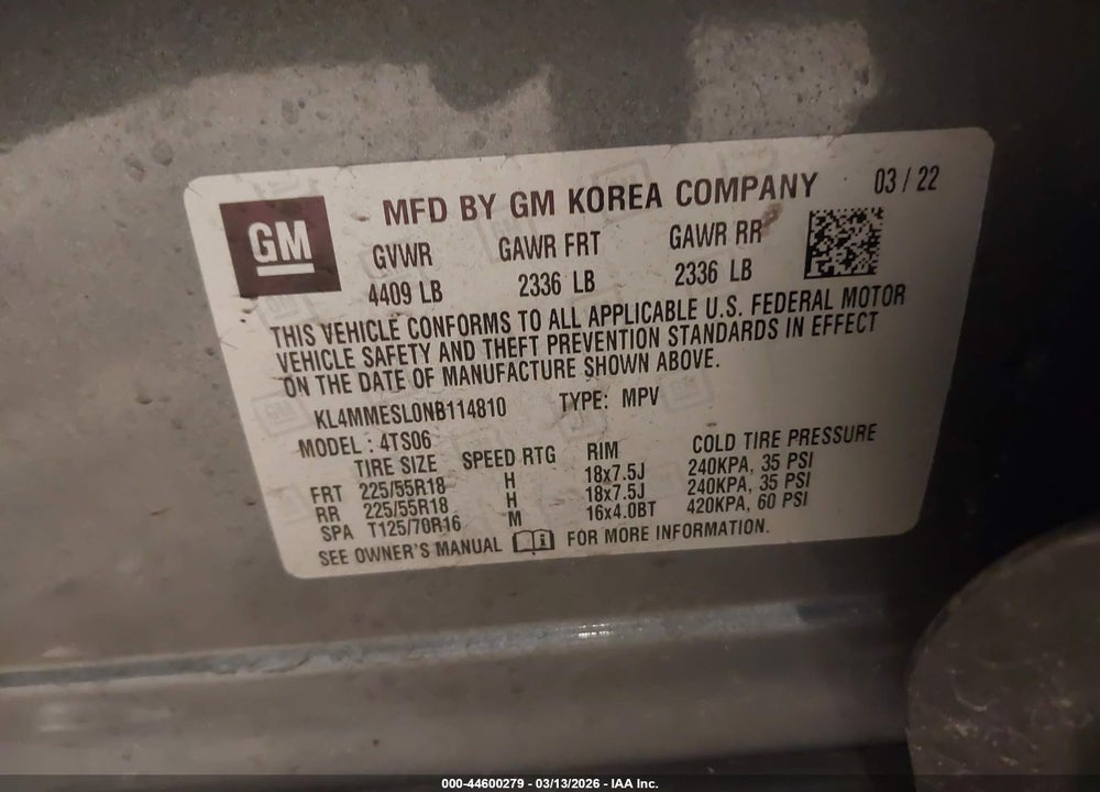 2022 BUICK ENCORE GX AWD SELECT VIN: KL4MMESL0NB114810