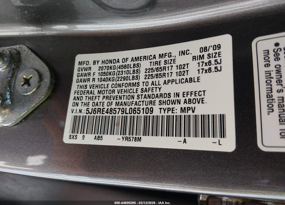2009 HONDA CR-V EX VIN: 5J6RE48579L065109