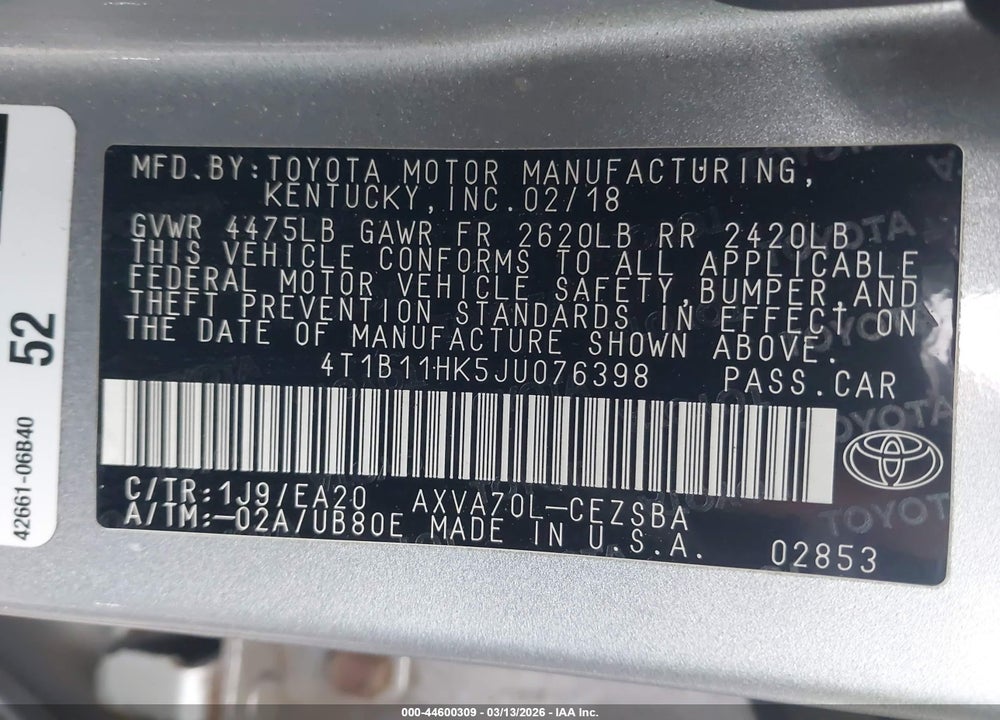 2018 TOYOTA CAMRY SE VIN: 4T1B11HK5JU076398