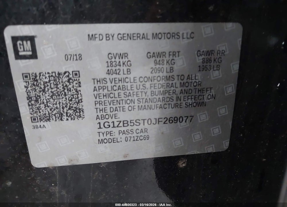 2018 CHEVROLET MALIBU 1LS VIN: 1G1ZB5ST0JF269077