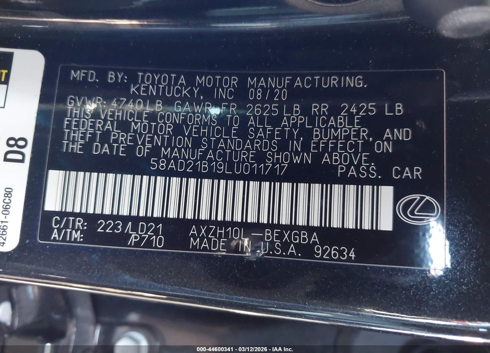 2020 LEXUS ES 300H VIN: 58AD21B19LU011717