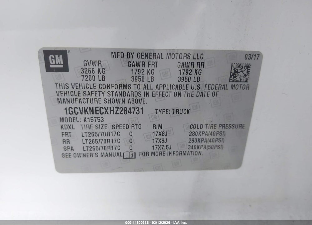 2017 CHEVROLET SILVERADO 1500 WT VIN: 1GCVKNECXHZ284731