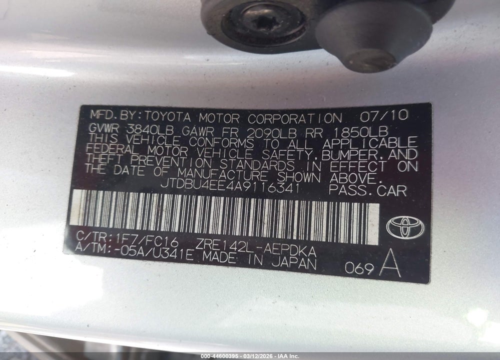 2010 TOYOTA COROLLA LE VIN: JTDBU4EE4A9116341