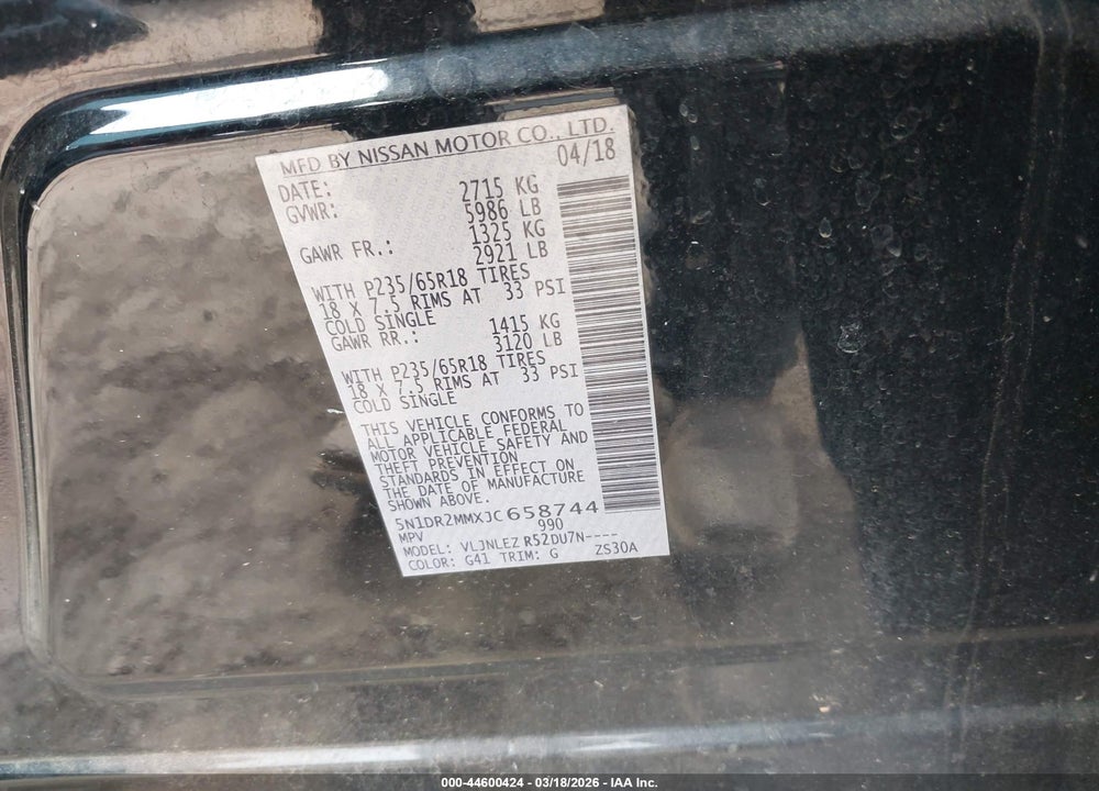 2018 NISSAN PATHFINDER SV VIN: 5N1DR2MMXJC658744
