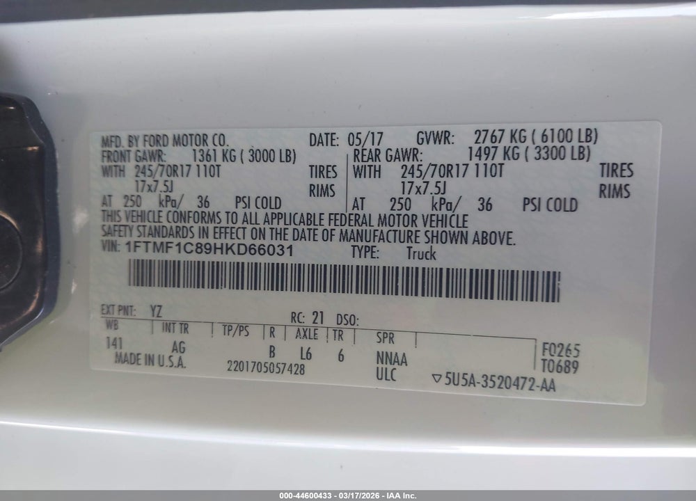 2017 FORD F-150 XL VIN: 1FTMF1C89HKD66031