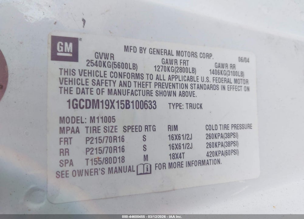 2005 CHEVROLET ASTRO VIN: 1GCDM19X15B100633