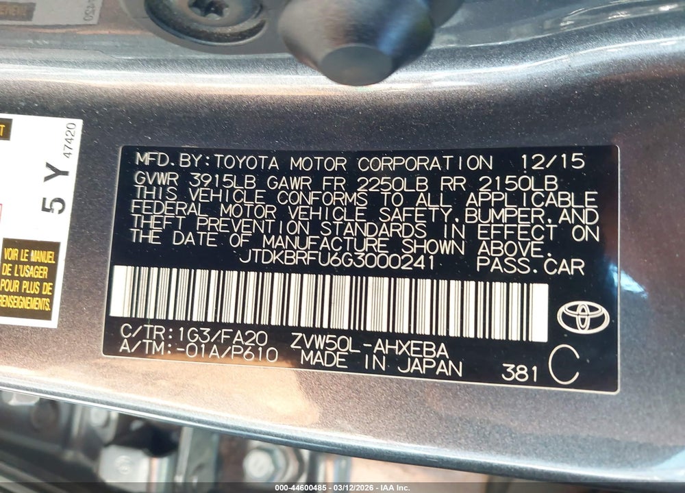 2016 TOYOTA PRIUS TWO VIN: JTDKBRFU6G3000241