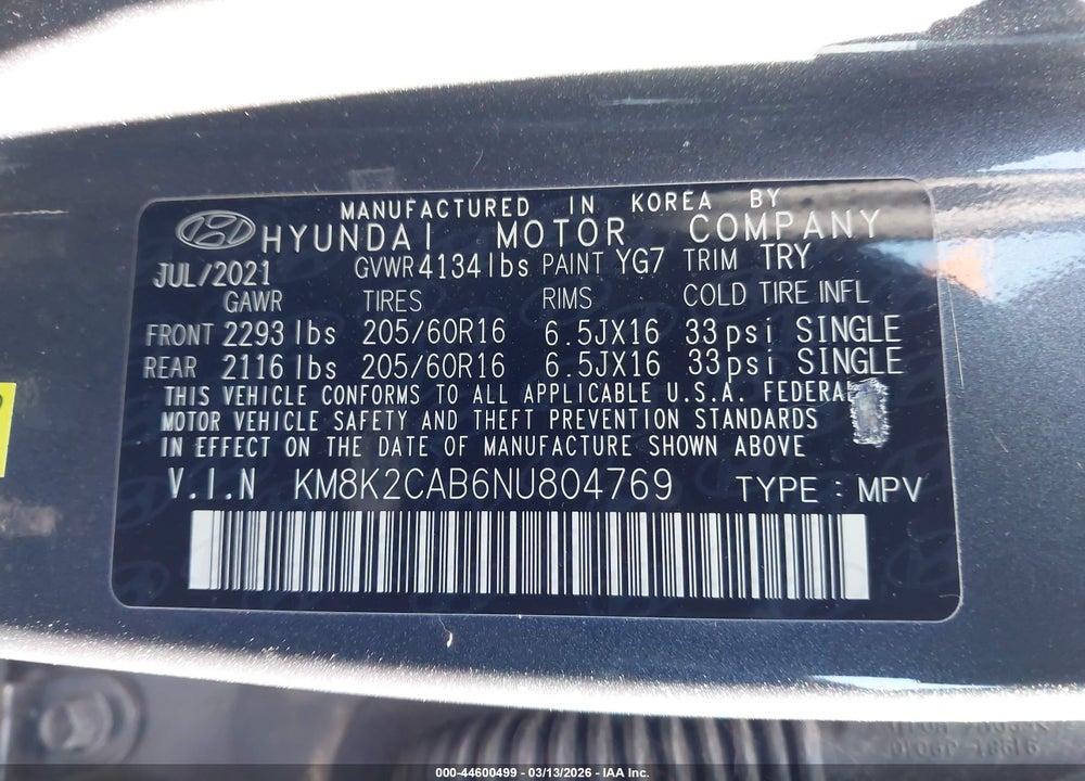 2022 HYUNDAI KONA SE VIN: KM8K2CAB6NU804769