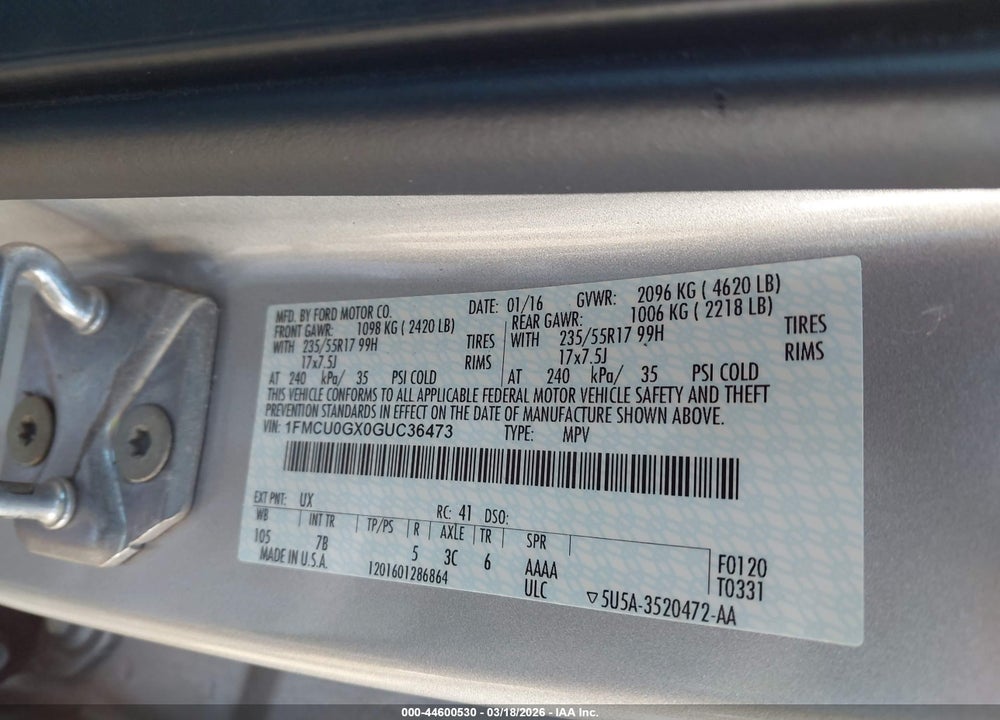 2016 FORD ESCAPE SE VIN: 1FMCU0GX0GUC36473