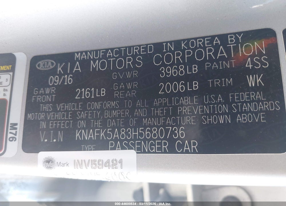 2017 KIA FORTE LX VIN: KNAFK5A83H5680736