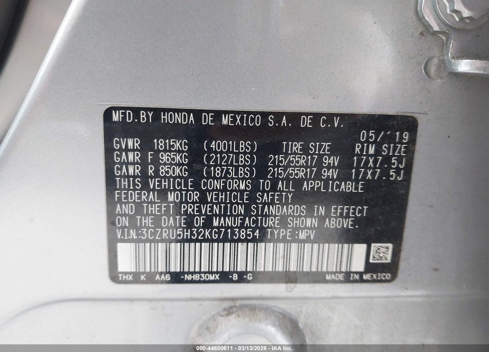 2019 HONDA HR-V LX VIN: 3CZRU5H32KG713854