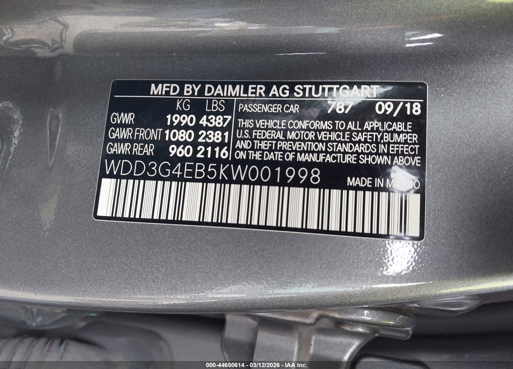 2019 MERCEDES-BENZ A 220 VIN: WDD3G4EB5KW001998