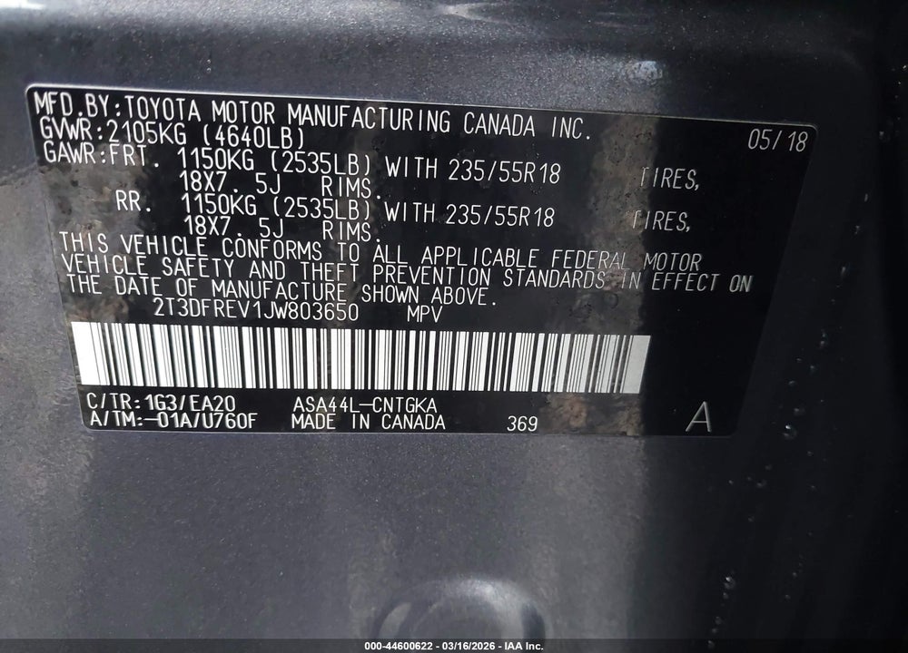 2018 TOYOTA RAV4 LIMITED VIN: 2T3DFREV1JW803650