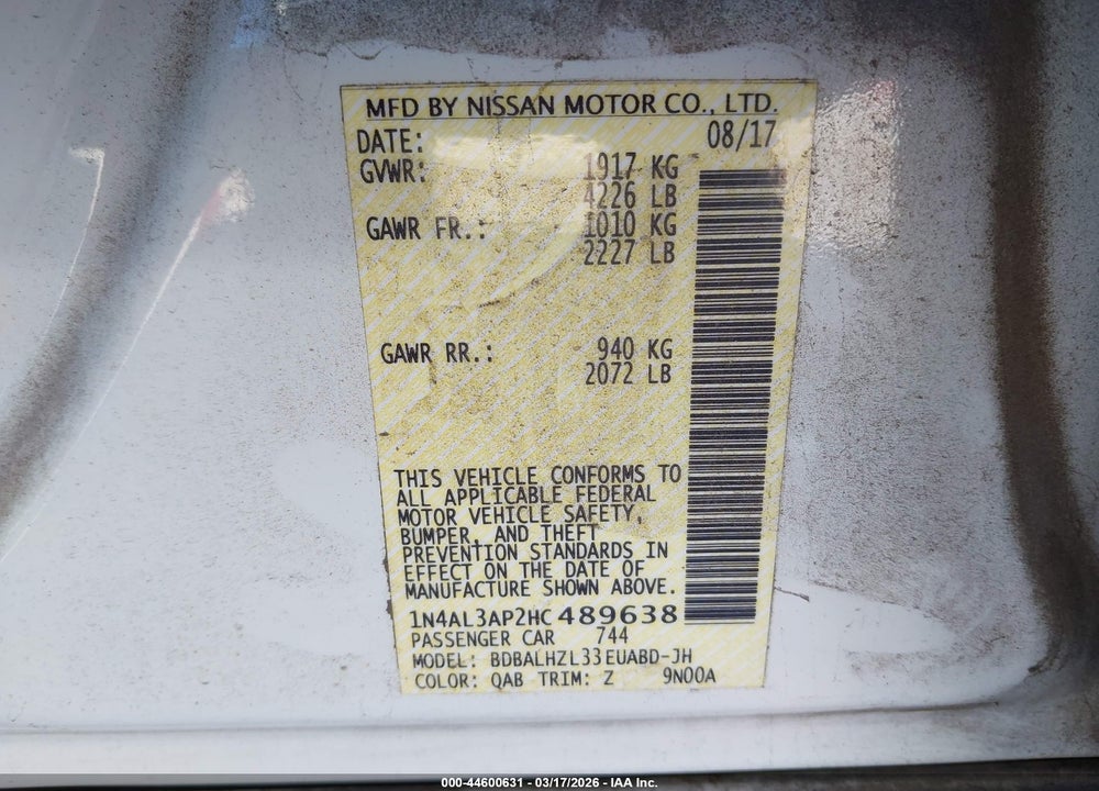 2017 NISSAN ALTIMA 2.5 SR VIN: 1N4AL3AP2HC489638