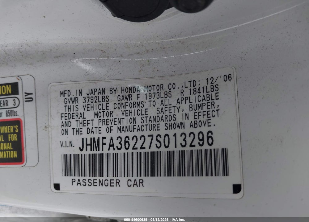 2007 HONDA CIVIC HYBRID VIN: JHMFA36227S013296