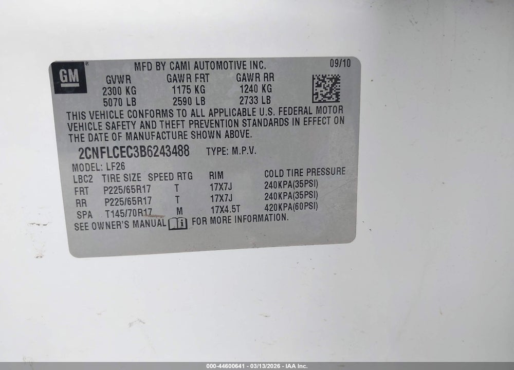2011 CHEVROLET EQUINOX LS VIN: 2CNFLCEC3B6243488