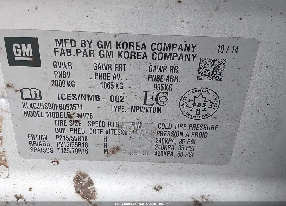 2015 BUICK ENCORE PREMIUM VIN: KL4CJHSB0FB053571